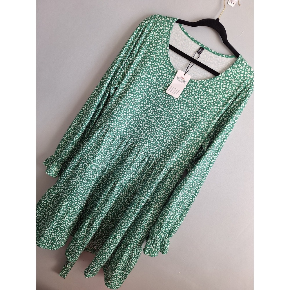 Nclook Jersey Knit Tiered Peasant Midi Dress‎ Womens 2X Kelly Green Ditzy Floral